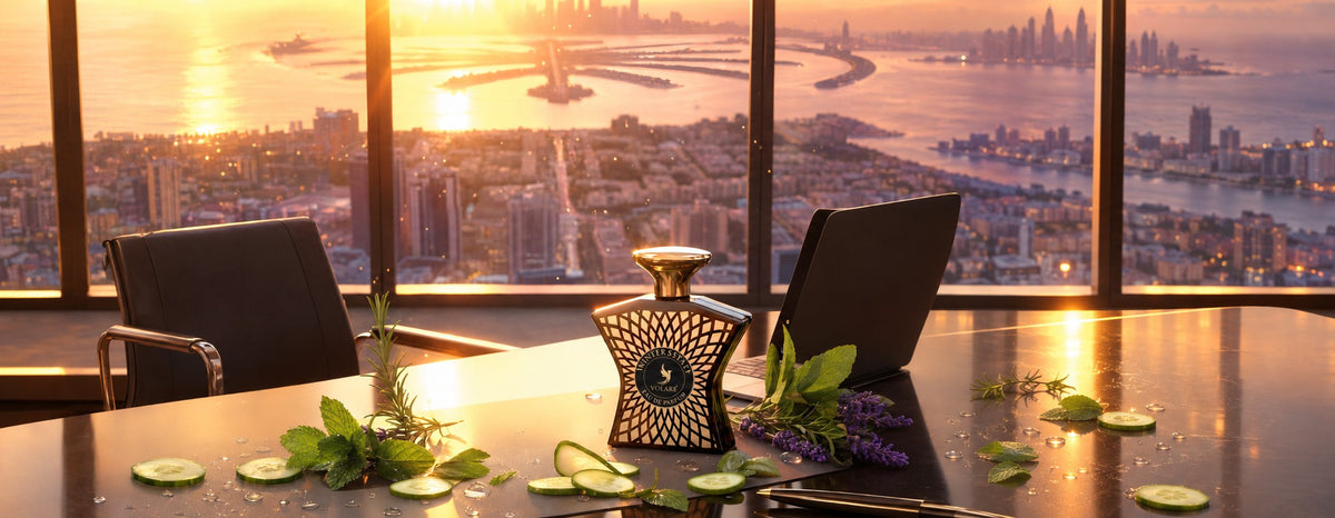 Volaré Winter Street eau de parfum on a glossy office desk with mint, lavender, rosemary and cucumber slices, overlooking Dubai's Palm Jumeirah at sunset