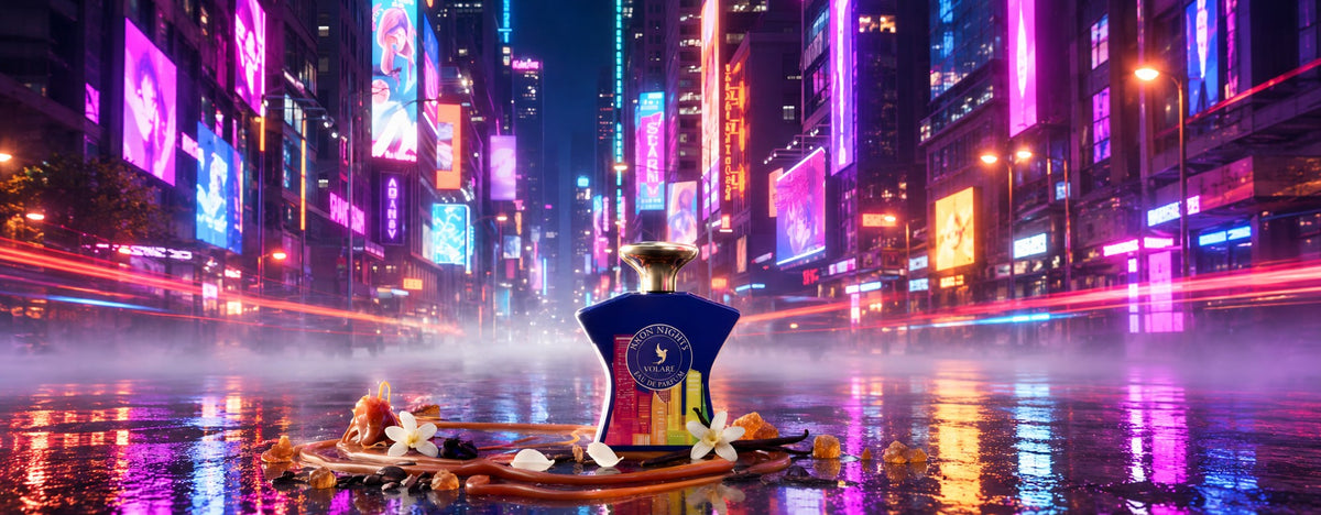 Volaré Neon Nights eau de parfum on a rain-soaked neon-lit city street, surrounded by caramel, vanilla pods, white flowers and amber resin