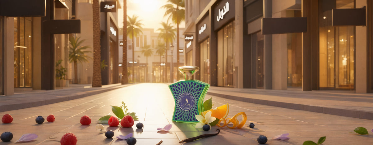 Volaré Boulevard Street eau de parfum on a sunlit palm-lined shopping boulevard, scattered with raspberries, blueberries, orange peel and vanilla